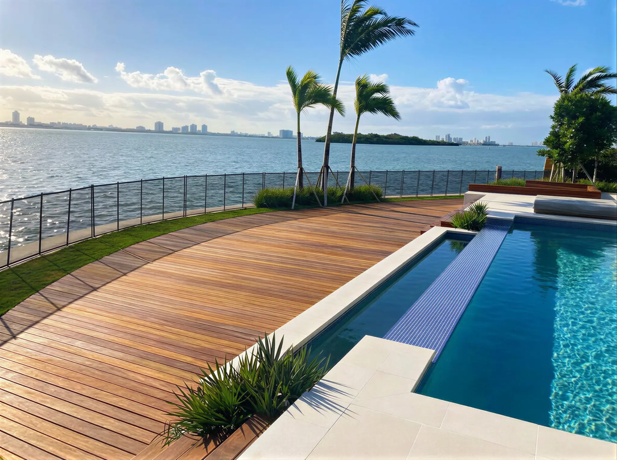 Luxury waterfront deck with pool